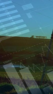 Elektrik direği ve peyzaj üzerinde veri işleme animasyonu. küresel enerji, elektrik ve veri işleme kavramı dijital olarak oluşturulmuş video.