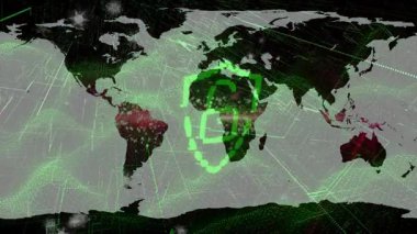 Kablo çerçeve ağı harita genişliğinde sürükleniyor parlayan kalkan dokuz numaralı titreşimi analitik gösteriyor. Dijital, siber uzay, teknoloji, fütürizm, siber güvenlik, yenilik, veri görselleştirme