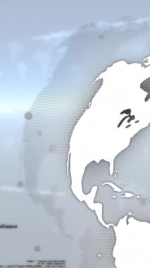 Gri noktaların animasyonu, dönen küre, veri işleme ve gri arkaplanda mavi ışık izleri. Küresel ağ ve iş teknolojisi kavramı