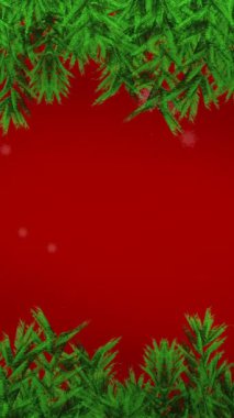 Noel ağacı dalları ve kar taneleri simgeleri kırmızı zemine düşüyor. Noel şenliği ve kutlama konsepti