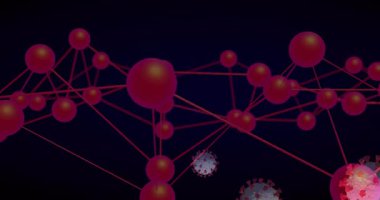 Üçüncü çerçeve, yükselen virüs küreleri katmanlı etkileşimi gösteren kırmızı ağla kesişiyor. Gelecekçi, dijital, ağ, görselleştirme, bilim, teknoloji, veri