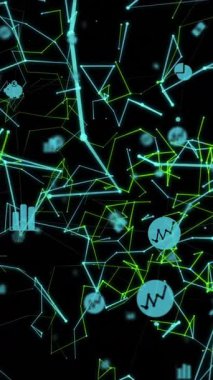 Dijital veriler üzerinden bağlantı ve finansal semboller ağını gösteren animasyon. Finans, bağlantı, teknoloji, engelleme zinciri, kripto para birimi, siber para