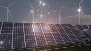 Titrek dijital kaplama, türbinleri birbirine bağlayan ağ oluşturur. Güneş parlayan paneller, dönen bıçaklar gibi. Yenilenebilir, sürdürülebilirlik, teknoloji, çevre, gelecek, yenilik, enerji