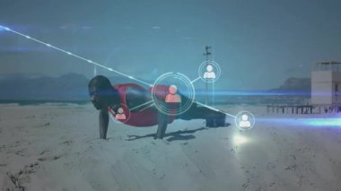 Sahilde şınav çeken adam her temsilci dijital reaksiyonu etkinleştiriyor ve sağlık ağını genişletiyor. Atletizm, fitness, dijital, ağ, görselleştirme, açık hava, sağlık