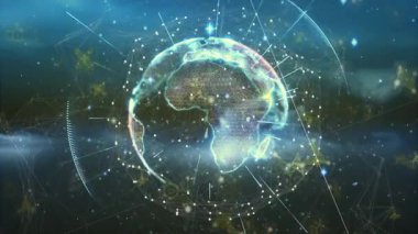 Parlayan holografik dünya ortaya çıkan merkez sayısal ölçümleri gösteren ağ çizgileri yayıyor. Futuristik, dijital, teknoloji, veri, bağlantı, ağ, yenilik