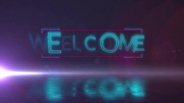 Parlak mercek alevi solu süpürüyor neon cyan parçaları morumsu çerçevede karşılama oluşturuyor. Fütürist, dijital, holografik, canlı, sürükleyici, teknoloji, animasyon