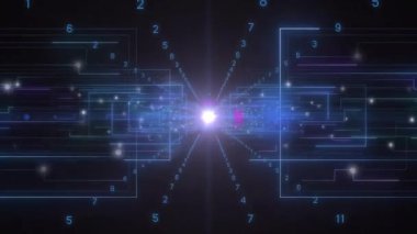 Matriste aktifleşen düğüm, ışıldayan parmakları içe doğru çekiyor ve titreşimli alevler yükseliyor. Teknoloji, dijital, soyut, geleceksel, yenilik, siber güvenlik, neon