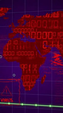 Animasyon, dünya haritasında değişen veri hatlarıyla virüs ve kötü amaçlı yazılım uyarılarını gösteriyor. Siber güvenlik, dijital tehdit, ağ, veri ihlali, siber suç