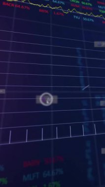 Animasyonda dalgalanan borsa eğilimleri, finansal veriler ve grafikler gösteriliyor. Maliye, analitik, ekonomi, yatırım, ticaret, dalgalanma