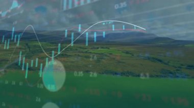 Vadide ortaya çıkan şamdanlar üzerinde, piyasa eğilimlerini gösteren animasyon çizgileri ve göstergeler var. Finans, veri, görselleştirme, bilgi grafikleri, analitik, teknoloji, manzara
