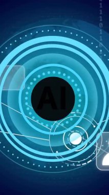 AI metin ve simgeler dijital ağ bağlantıları ve ikili kod üzerine animasyon. Yapay zeka, teknoloji, veri, gelecek, kodlama, iletişim