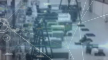 Endüstriyel montaj makineleri veri hatları çizelgeleri başlatıyor ve dalga formu simgeleri ağ oluşturuyor. Otomasyon, üretim, teknoloji, mühendislik, bağlantı, dijital, endüstriyel