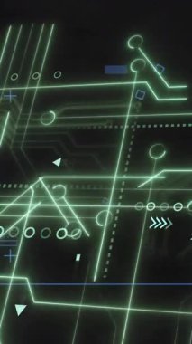 Bilgisayar devre kartından dijital veri işleme animasyonu. Dijital olarak oluşturulmuş küresel bağlantılar, hesaplama ve veri işleme kavramı.