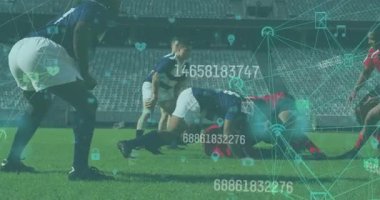 Rugby takımları sahaya yaklaşıyorlar, analitik ölçüler göstererek kırmızı fahişe topa vuruyor. Atletik, takım çalışması, rekabet, strateji, yoğunluk, spor, açık hava