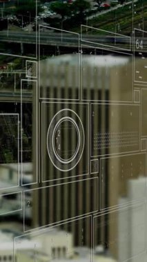 Şehir manzarası üzerinde istatistik ve veri işleme animasyonu. Dijital olarak oluşturulmuş küresel bağlantılar, hesaplama ve veri işleme kavramı.