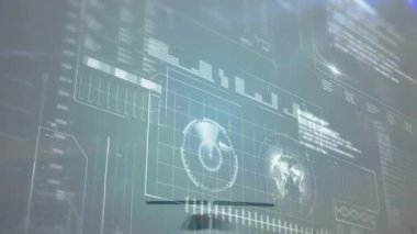 Görünürdeki HUD panelleri iş jeti kalkış için piste çıkarken yer değiştiriyor. Gelecekçi, uzay, teknoloji, yenilik, şirket, mühendislik, havacılık