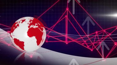 Beyaz küre Amerika 'ya dönerken pembe şebeke titreşimleri ve oklar yukarı doğru eğilimi gösteriyor. Teknoloji, küreselleşme, veri görselleştirme, yenilik, dijital bağlantı, analitik, fütüristik