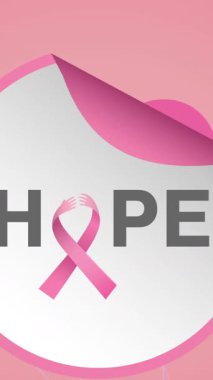 Pembe kurdele logosu ve umut mesajı üzerinde uçan pembe balonların animasyonu. Göğüs kanseri pozitif farkındalık kampanyası konsepti dijital olarak üretildi.