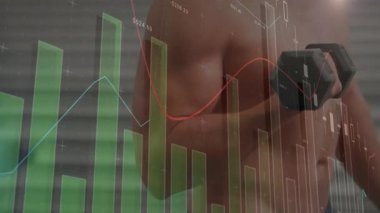 Finansal çizelgeyi başlatırken kolları kıvıran tişörtsüz erkek spor ayakkabısı. Güç, egzersiz, analitik, yenilik, disiplin, kararlılık, modern