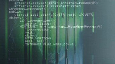Başlangıçta C + + kod yeşil çizgilerin üzerinden geçerek ağ, geometri rutinlerini gösterir. Teknoloji, programlama, dijital, kod, sinematik, geleceksel, veri