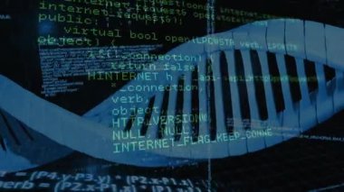 Başlangıçta 3D mavi DNA sarmalı dönüyor, kodlar defler arasında kayıyor teknolojik veri estetiğini görselleştirmek için. Fütürist, dijital, soyut, teknolojik, sanal, hesapsal, modern