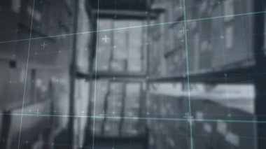 Teal ızgarası, parçacıklar haritalandırma için sürüklenirken koridor boyunca sarkan ve dönen bir şekilde üstüste biner. Endüstriyel, fütüristik, soyut, teknoloji, veri, yenilik, minimalist