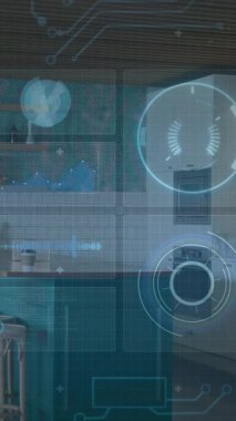 Dijital teknoloji arayüzü ile ofisteki iş adamları animasyonu örtüyor. yenilik, işbirliği, takım çalışması, fütüristik, iletişim