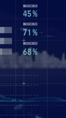 Veri işleme animasyonunun siyah arka planda şehir manzarası üzerinde gerçekleşmesi. Küresel teknoloji, bilgisayar ve dijital arayüz kavramı dijital olarak oluşturulmuş video.