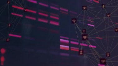 Solda belirginleşen soluk çubuklar ardından canlı veri akışını temsil eden ikonlar filizlenen ağ düğümleri. Fütürist, dijital, bağlantı, teknoloji, soyut, dinamik, ağ