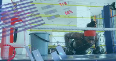 Boksör dirseklerini bükerek şınav çekmeye başlıyor, boks ringinde animasyon performans çizelgeleri oluşturuyor. Güç, fitness, antrenman, atletizm, kararlılık, performans, egzersiz