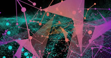 Sanal uzayda renkli düğümler, kenarlıklar ve ağ örtüsüyle üç boyutlu ağ grafiği gösteriliyor. Dijital, fütüristik, soyut, teknoloji, yenilik, görselleştirme, veri