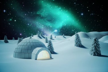 Aydınlatılmış eskimo kulübesi, geceleri ağaçlarla kaplıdır.