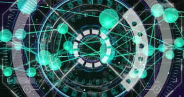 Sanal siber uzayda ışık demetleri ve kürelerle merkezi dairesel merkez projeksiyon verileri gösteriliyor. Fütürist, dijital, holografik, bilim kurgu, teknoloji, arayüz, aydınlatma