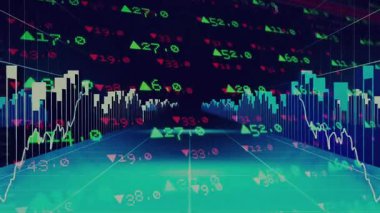 3D finansal görselleştirme çubukları yükledikten sonra ve hareketli çizgi grafik takip pazar trendleri. Finansal, analitik, görselleştirme, veri, teknoloji, yenilik, dijital