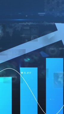 Donanmanın arka planında ekranlarda daireler olan ok ve finansal grafiklerin animasyonu. küresel iş, ekonomi, finans ve teknoloji konsepti dijital olarak oluşturulmuş video.