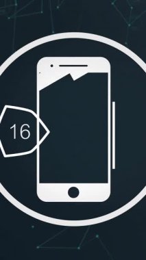 Animasyonda, dijital ağ üzerinden 100 rozetli akıllı telefon simgesi. Teknoloji, iletişim, bağlantı, bildirim, internet, cep telefonu