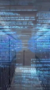 Bilgisayar sunucuları üzerinde dijital veri işleme animasyonu. Dijital olarak oluşturulmuş küresel bağlantılar, hesaplama ve veri işleme kavramı.