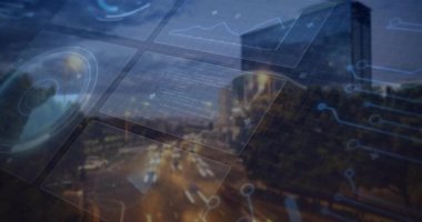 Holografik panellerde kaybolmak, grafikleri güncellemek, akış kodu, dünyayı döndüren görselleştirme verileri. Teknoloji, veri görselleştirme, dijital arayüz, kentsel manzara, gelecekçilik, sibernetik, analitik