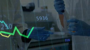 Kehribar şişesi laboratuvar araştırmacısı pipetleme yaparken grafikler dalgalanarak trendleri gösteriyor. Bilim adamları, yenilik, kesinlik, laboratuvar, analiz, araştırma, teknoloji