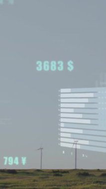 Sahadaki rüzgar türbinlerinin üzerindeki veri işleme ve diyagramlarının animasyonu. Küresel iş ve ekoloji kavramı, dijital olarak üretilen video.