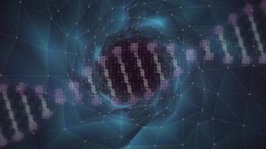 Mor pikseller çekirdek oluşum çubuklarında titreşiyor veri akışını gösteren dönen kümelere ayrılıyorlar. Siber uzay, dijital, fütüristik, soyut, teknoloji, ağ, hareket