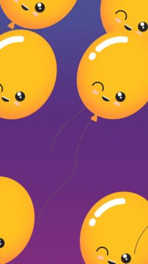 Mor arka planda yüzleri olan sarı balonların canlandırması. parti ve kutlama konsepti dijital olarak oluşturulmuş video.