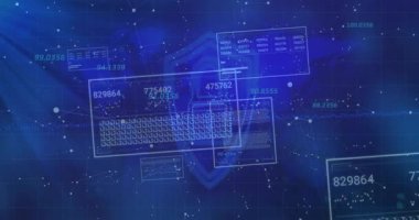 Başlangıçta değerleri kaydıran ve güncelleyen paneller, klavye oluştururken asma kilit kalkanda kayboluyor. Teknoloji, siber güvenlik, dijital, veri, ağ, yenilik, fütürist