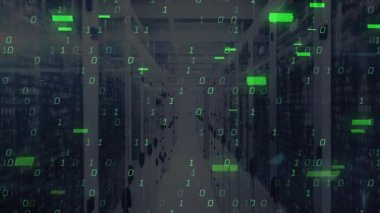 Çift haneli rakamlar koridorda ilerlerken yeşil veri çubuklarının kaymasına ve görselleştirme ağı akışına neden oluyor. Teknoloji, siber güvenlik, veri görselleştirme, dijital, geleceksel, ağ, altyapı