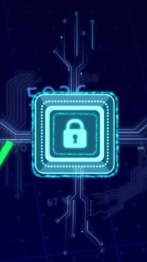 Değişen finansal grafik animasyonu üzerinde devre çizgileri olan bir sembol kilitle. Güvenlik, siber güvenlik, finans, teknoloji, şifreleme, dijital