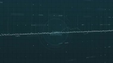 Veri noktaları beliriyor ve yükselen bir çizgi oluşturuyor. Analiz gösteren titreşimlerle daireler çizerek yükseliyor. Teknoloji, dijital, fütüristik, arayüz, gösterge paneli, analiz, yenilik