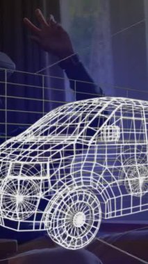 Üç boyutlu teknik karavan animasyonu, evdeki VR kulaklık takan adamın üzerinde. teknoloji, tasarım ve dijital arayüz kavramı dijital olarak oluşturulmuş video.