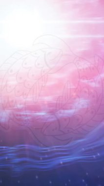 Balık burcunun animasyonu güneş ışığı ve gece pembe ile mavi gökyüzü üzerindeki yıldızların işareti. Astroloji ve zodyak işaretleri dijital olarak oluşturulmuş video konsepti.