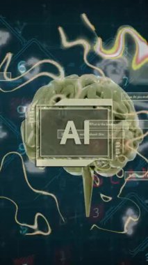 Ai metninin animasyonu, insan beyni ve veri işleme. Dijital olarak oluşturulmuş küresel yapay zeka, bağlantılar, hesaplama ve veri işleme kavramı.