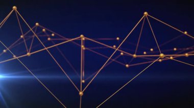 Sol kenarda beliren mavimsi parlaklık, veri akışını gösteren altın düğümleri aktifleştiriyor. Soyut, bağlantı, teknoloji, gelecek, dijital, yenilik, veri